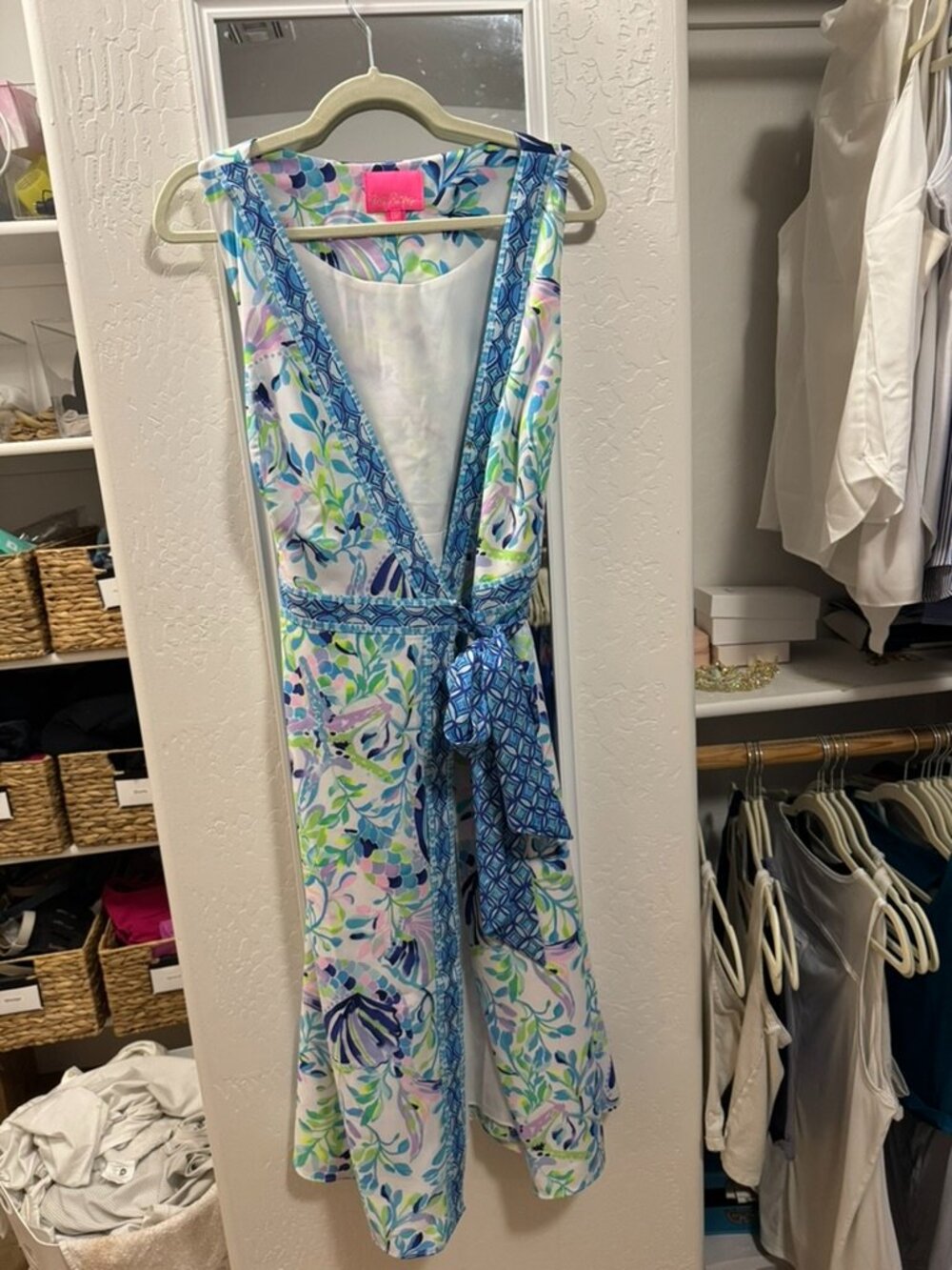 Lilly Pulitzer Wrap Dress Blue Green Shell Coral Print Tie Waist Size 12